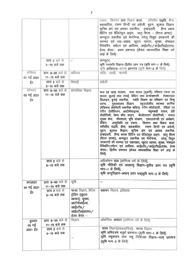 UP Board Time Table 2021 for High School (10th) & Intermediate (12th): UP Board Date Sheet 2021