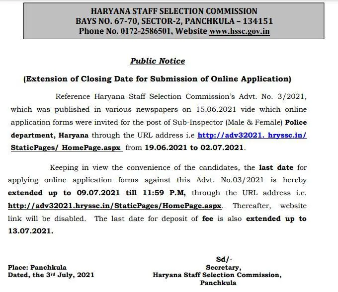 HSSC Haryana Police SI Apply Online