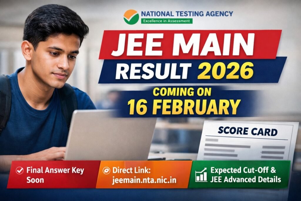 JEE Main 2026 result announcement banner showing February 16 date, NTA reference, final answer key update, and scorecard download details.