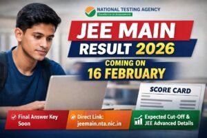 JEE Main 2026 result announcement banner showing February 16 date, NTA reference, final answer key update, and scorecard download details.